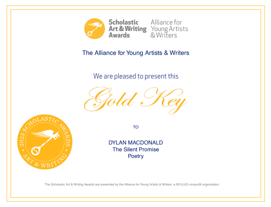 Scholastic Art & Writing Awards Gold Key certificate presented to Dylan MacDonald