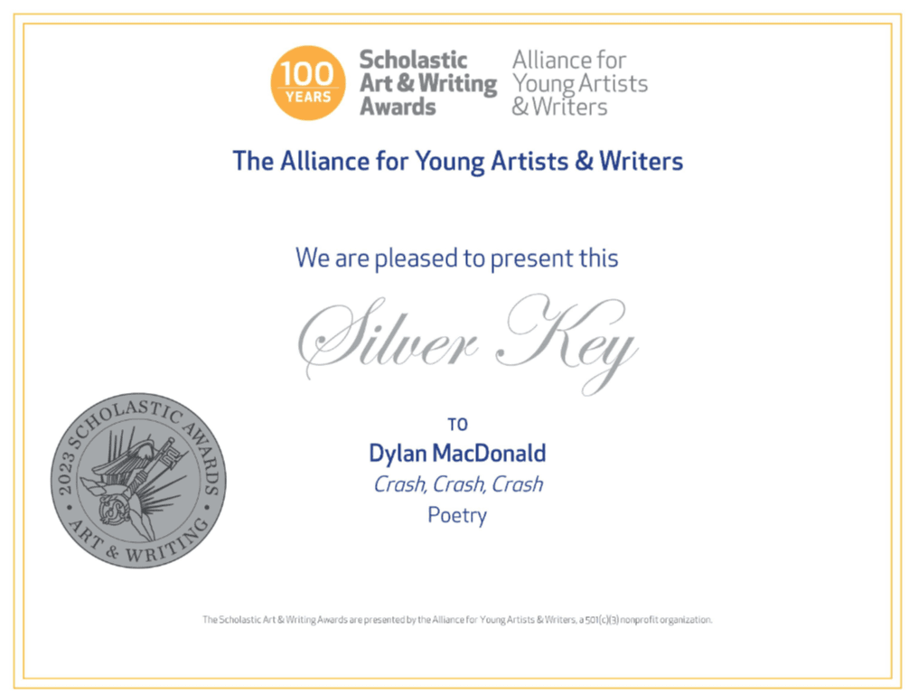 Scholastic Art & Writing Awards Silver Key certificate presented to Dylan MacDonald